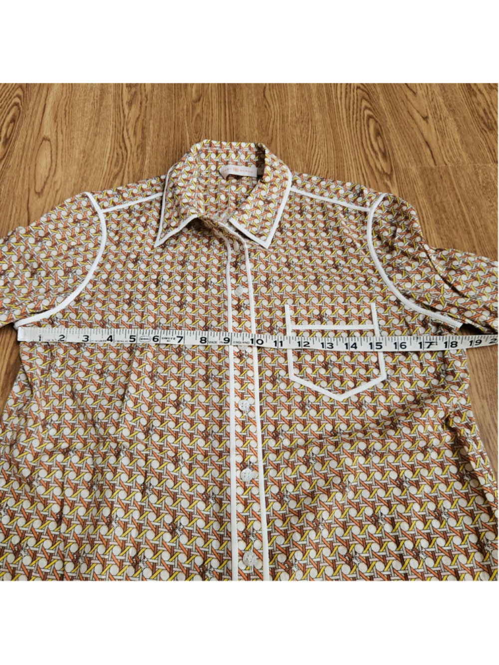 Tory Burch Brigitte Basket Weave Contrast Trim Blouse Button Up Signature 8 - Picture 5 of 6